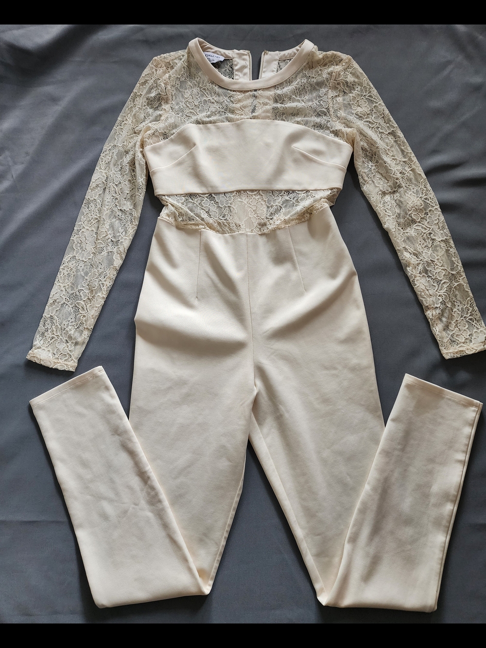 bebe Cream Lace Illusion Long Sleeve Jumpsuit - Size Medium